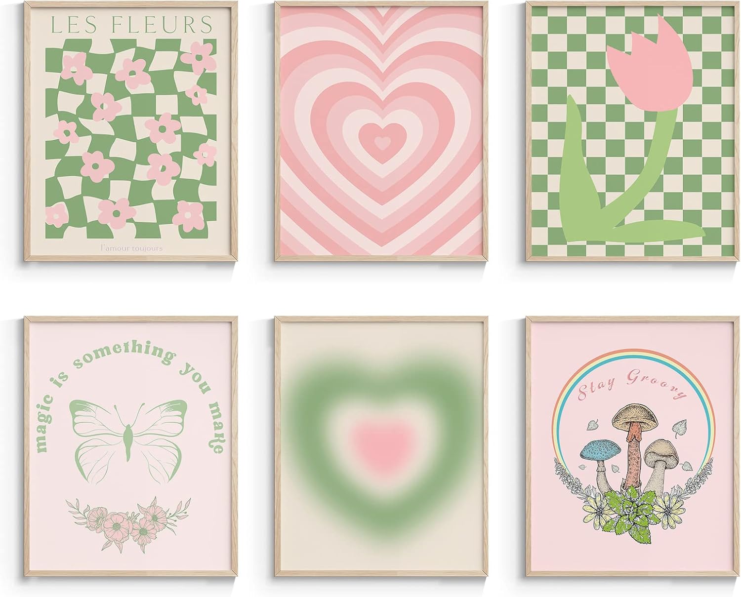 Wall Décor - InSimSea Green and Pink Wall Art Set for Living Room, Danish Pastel Aesthetic Room Decor, Abstract Home Unframed Wall Art Prints, 6Pcs Preppy Posters for Bedroom, Bathroom, 8X10in, UNFRAMED