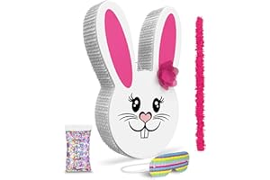 JERGRIM Girl Easter Bunny Piñata Bundle 17”x10”x 3” with stick, blindfold and a small confetti bag Perfect for Easter Sunday Celebration, Bunny Theme Parties, Party Décor