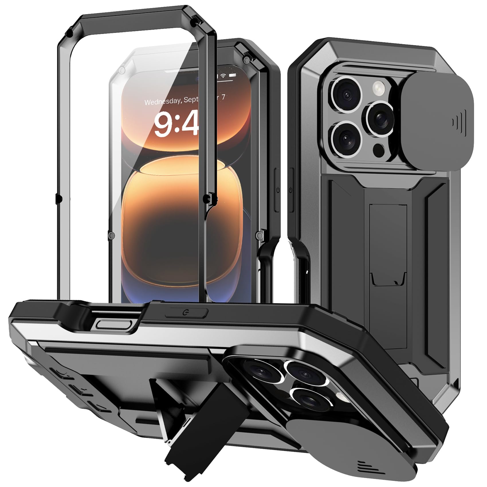 ANROD for iPhone 16 Pro Max Shockproof Case, Hard Case Aluminum Metal Gorilla Glass Military Heavy Duty Sturdy Protector Cover for iPhone 16 Pro Max, with Lens Protection Cover (Black)