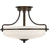 Quoizel Griffin Semi-Flush Mount Ceiling Light, 17 Inch 3-Light Palladian Bronze Opal-Etched Frosted Glass Shade, Hanging Lig