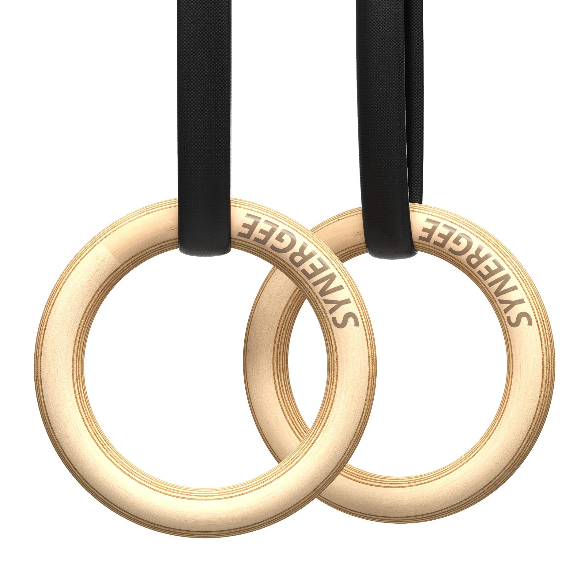 Synergee Wood Olympic Gymnastics Rings 1" Grip with Adjustable Straps for Pull Ups, Dips and Muscle Ups
