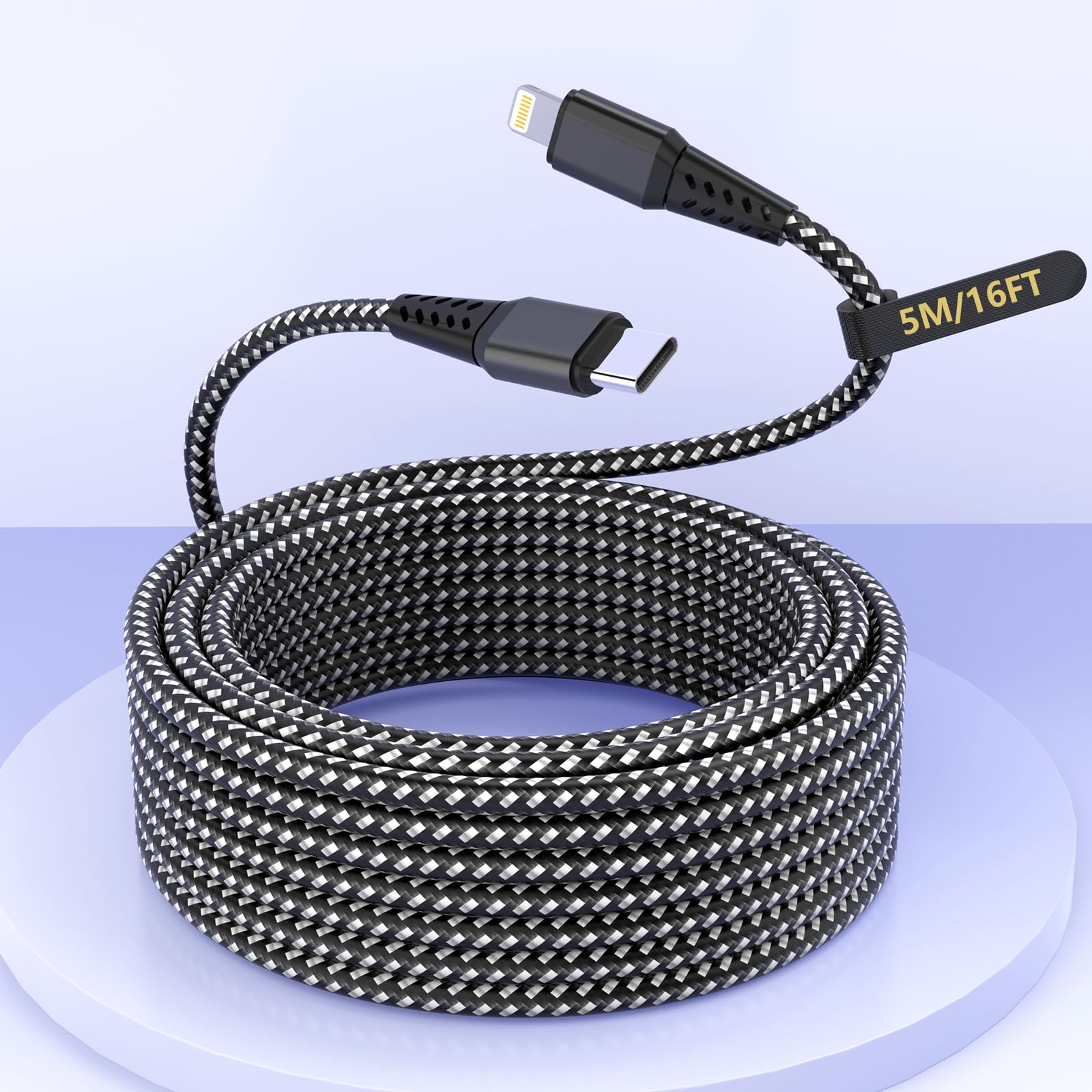 Photo 1 of 16FT/5M Extra Long USB C to Lightning Charger Cable for iPhone,Apple MFi Certified Charger Cord, Fast Charging Nylon Braided Sync Data Charge Cord for iPhone 14 Pro Max/14/13Pro/12/11/X/XS/XR/8/7/iPad