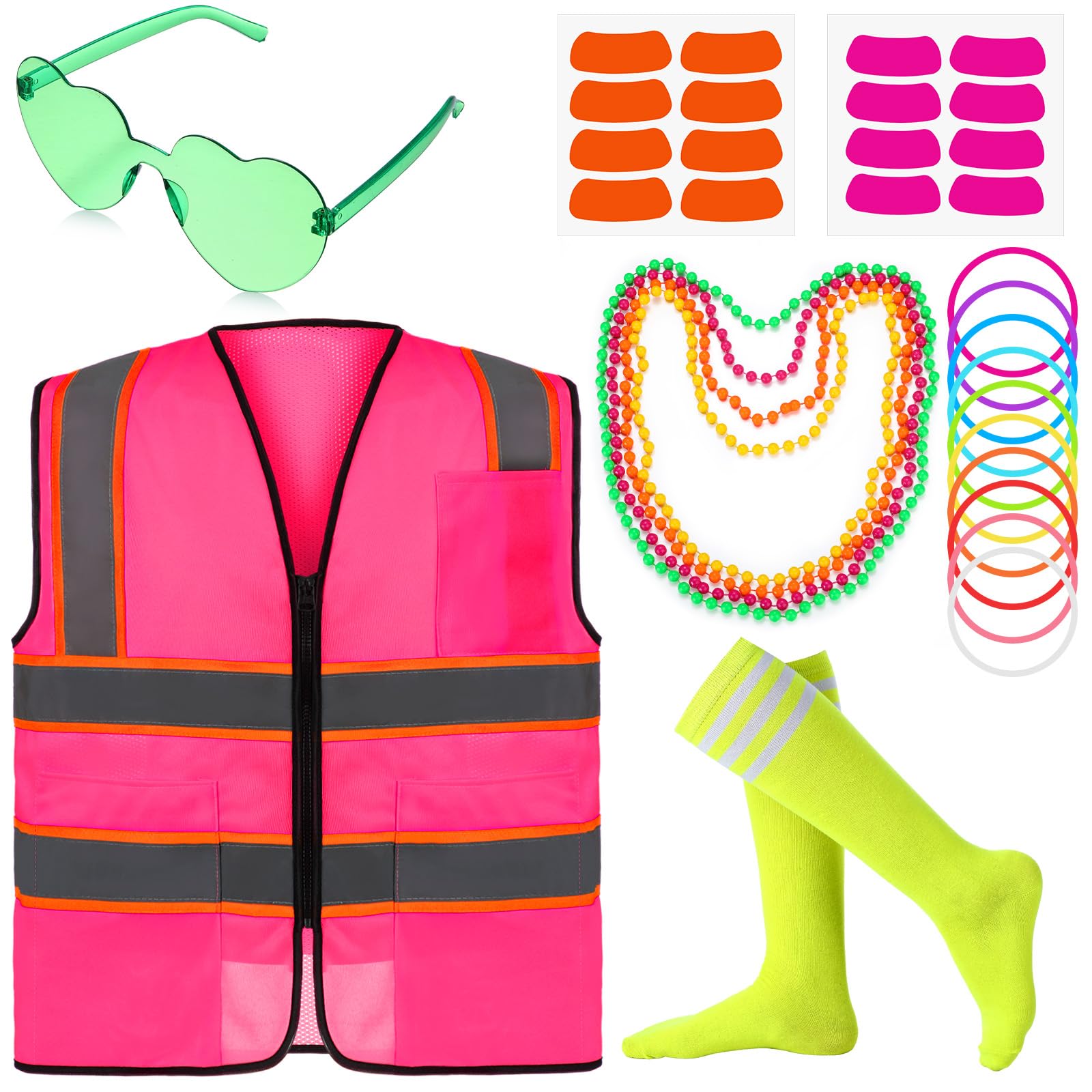 Photo 1 of Skicuff Neon Theme Football Game Outfit Reflective Vest Neon Sunglasses Eye Strips Necklace Bracelet Socks for Woman Football(Rose Red)