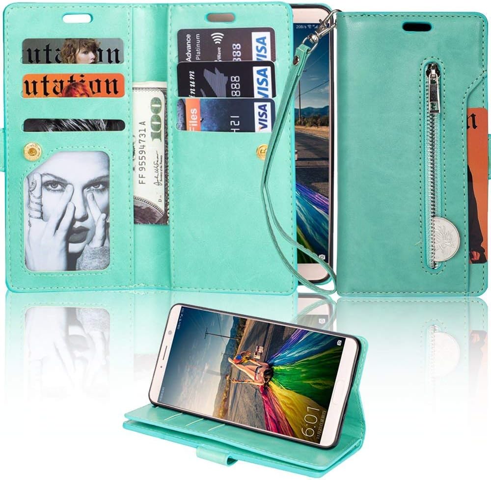 LAPOPNUT for HUAWEI Mate 10 pro Wallet Case PU Leather Flip Case Dual Folio Card Slot Sleeve Housing with Wrist Strap Magnetic Stand Case Cover for HUAWEI Mate 10 pro, Mint Green