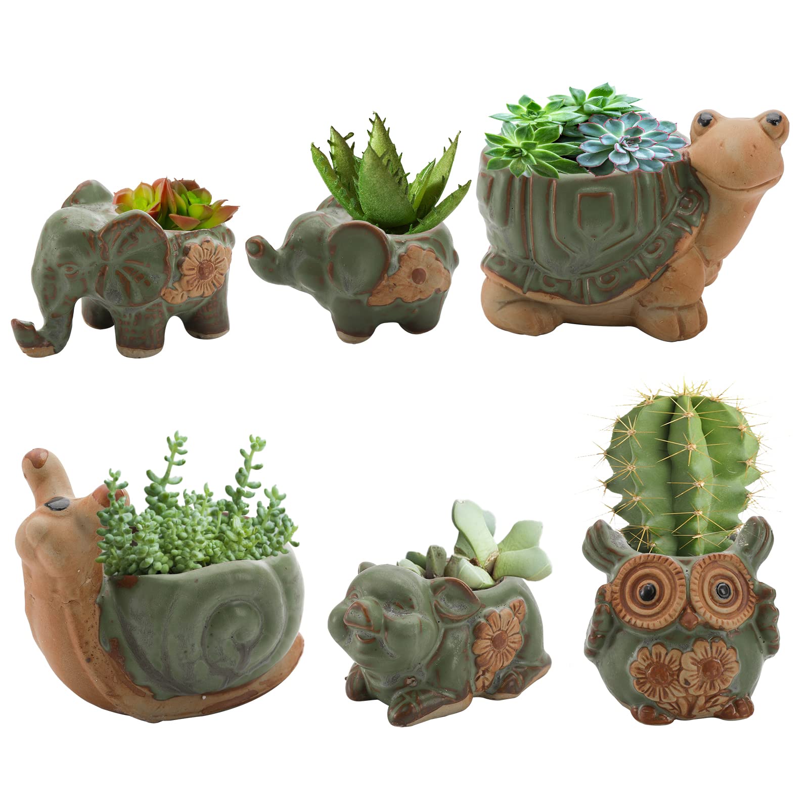 Okllen 6 Pack Mini Animal Ceramic Succulent Planter Set, Cute Elephant, Turtle, Owl, Snail, Succulent Pots with Drainage Hole, Ideal for Bonsai, Indoor, Outdoor