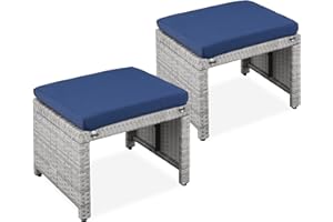 Best Choice Products Set of 2 Wicker Ottomans, Multipurpose Outdoor Furniture for Patio, Backyard, Additional Seating, Footrest, Side Table w/Removable Cushions, Steel Frame - Gray/Navy