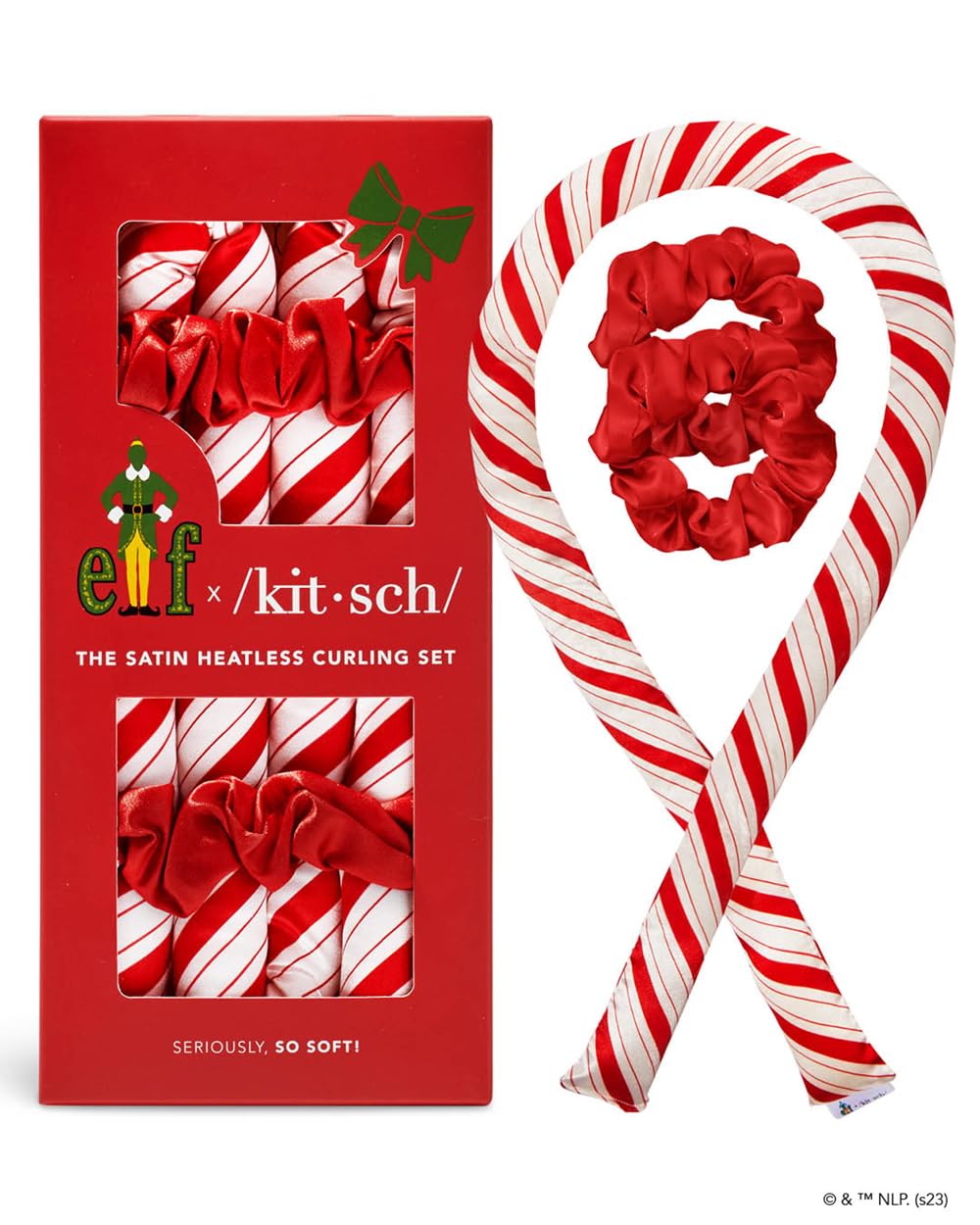 Elf x Kitsch Satin Overnight Curling Set - Heatless Hair Rollers for Soft Curls, Curling Rod Headband - Candy Cane