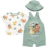 Disney Baby French Terry Short Overalls, T-Shirt and Hat 3 Piece Outfit Set Newborn to Infant Sizes (0-24 Months)