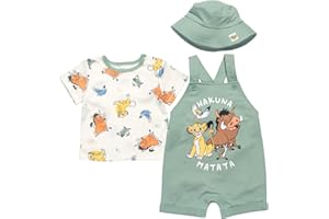 Disney Baby French Terry Short Overalls, T-Shirt and Hat 3 Piece Outfit Set Newborn to Infant Sizes (0-24 Months)