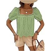 SweatyRocks Women's Square Neck Puff Sleeve Eyelet Lace Hollow Out Embroidered Top Blouse