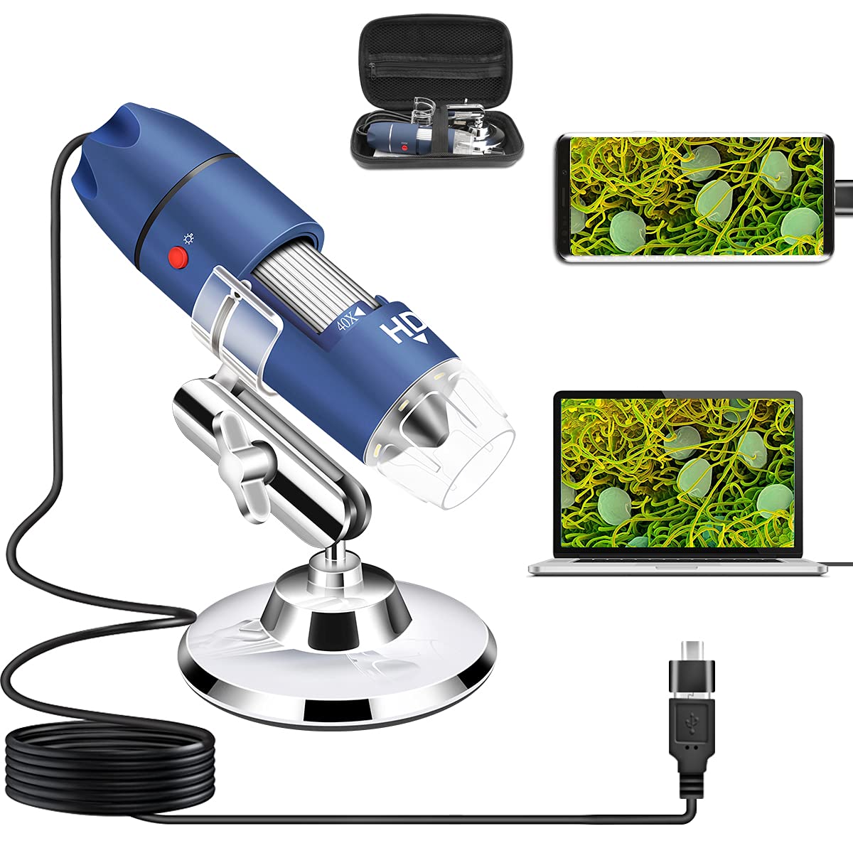 HD 2MP USB Microscope Camera for Android Windows 7 8 10 11 Linux Mac, 40X to 1000X Digital Microscope with Stand & Carrying Case, Portable Coin Microscope for Adults Kids Students
