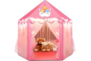 Hollyhi Princess Tent for Girls, Kids Play Tent with Star Lights, Girl Toys Kids Tent Indoor or Outdoor Playhouse Toys for Girls 3 4 5 6 7 8 9 10 Year Old, 55" x 53" Castle Gifts for Kids Toddlers