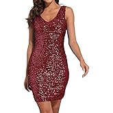 PrettyGuide Women's Sexy Deep V Neck Sequin Glitter Bodycon Stretchy Mini Party Dress