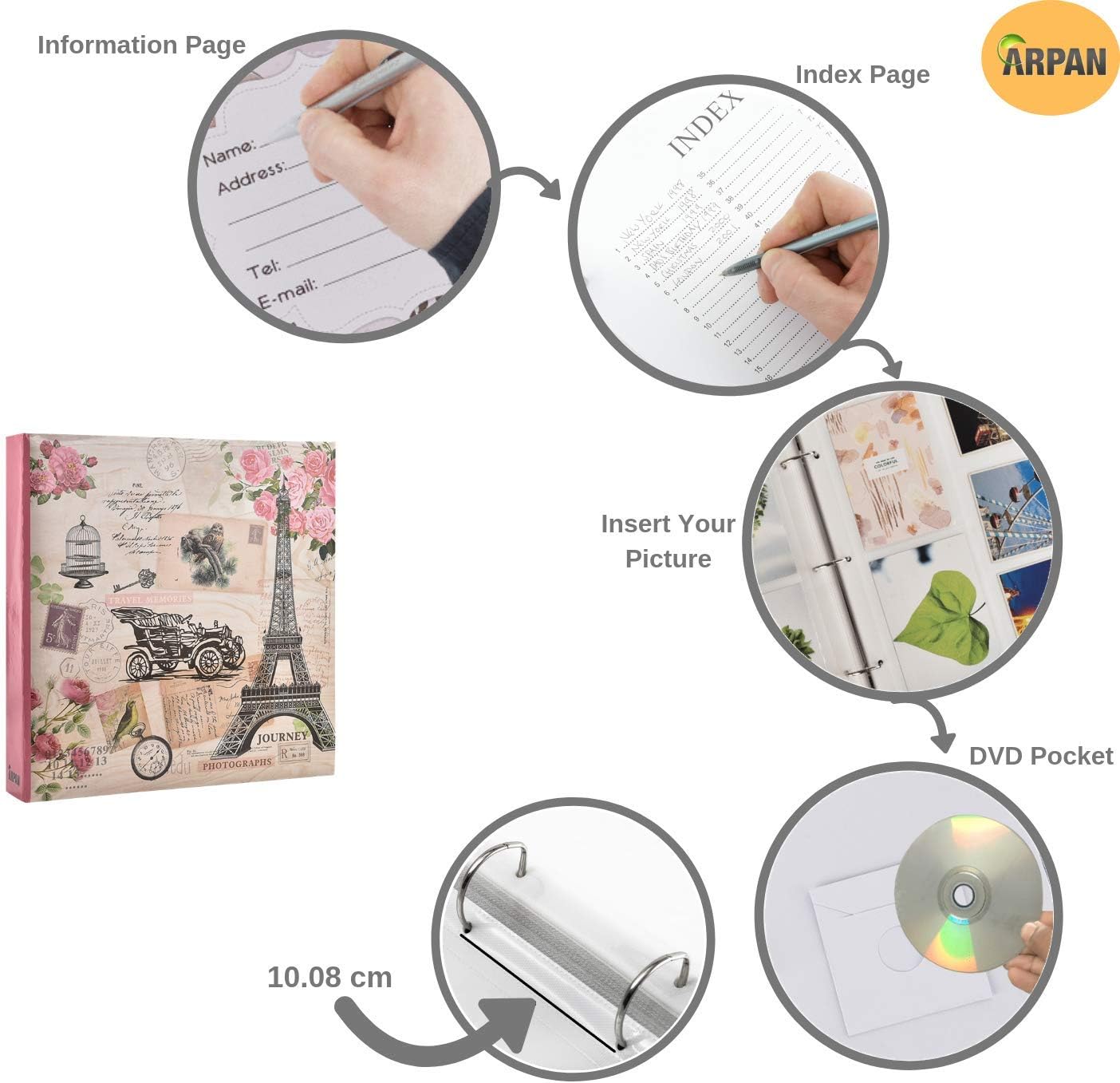 ARPAN 2 x Slip in Case 3-Ring Binder Photo Album CD/DVD Pocket Horizontal Vertical Pockets Holds 500 Photos 6'' x 4''/ 10x15 cm (Vintage Travel) CL-FL500-X2 - Image 3