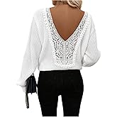 BEAUDRM Women's Lace Sweater Long Sleeve Crew Neck Knit Fall Trendy Pullover Top Casual Work Outfits