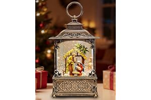 KUKUZON Musical Nativity Scene Christmas Snow Globe Lantern - Lighted Nativity Snow Globes with Swirling Glitter, LED Lights, Silent Night Song, 6-Hour Timer, Battery or USB Powered, Xmas Decorations Gifts