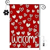Baccessor Valentine's Day Welcome Garden Flag 12.5x18 Inch Double Sided, Red Love Hearts Flag Anniversary Wedding Spring Farmhouse Holiday Yard Lawn Outdoor Outside Decoration