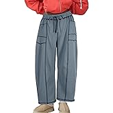 Athlisan Womens Fleece Lined Baggy Barrel Pants Casual Elastic Waisted Wide Leg Sweatpants with Pockets