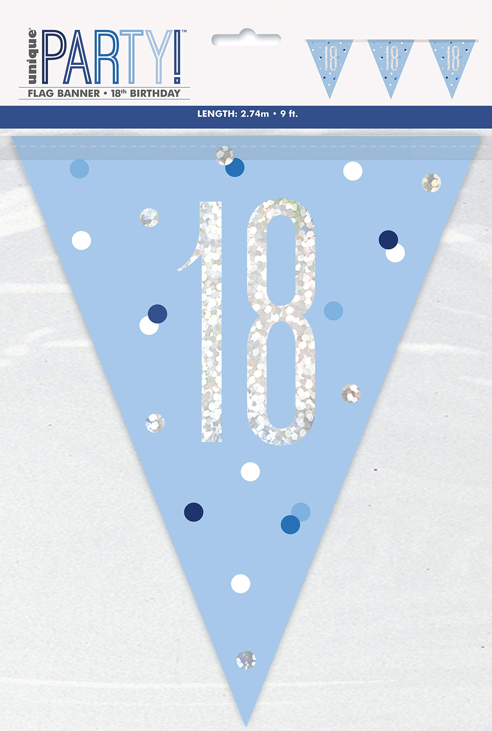Unique 83437 Blue Dots Prismatic 18 Birthday Plastic Pennant Banner, 9 Ft 1 Pc, Age,age 18