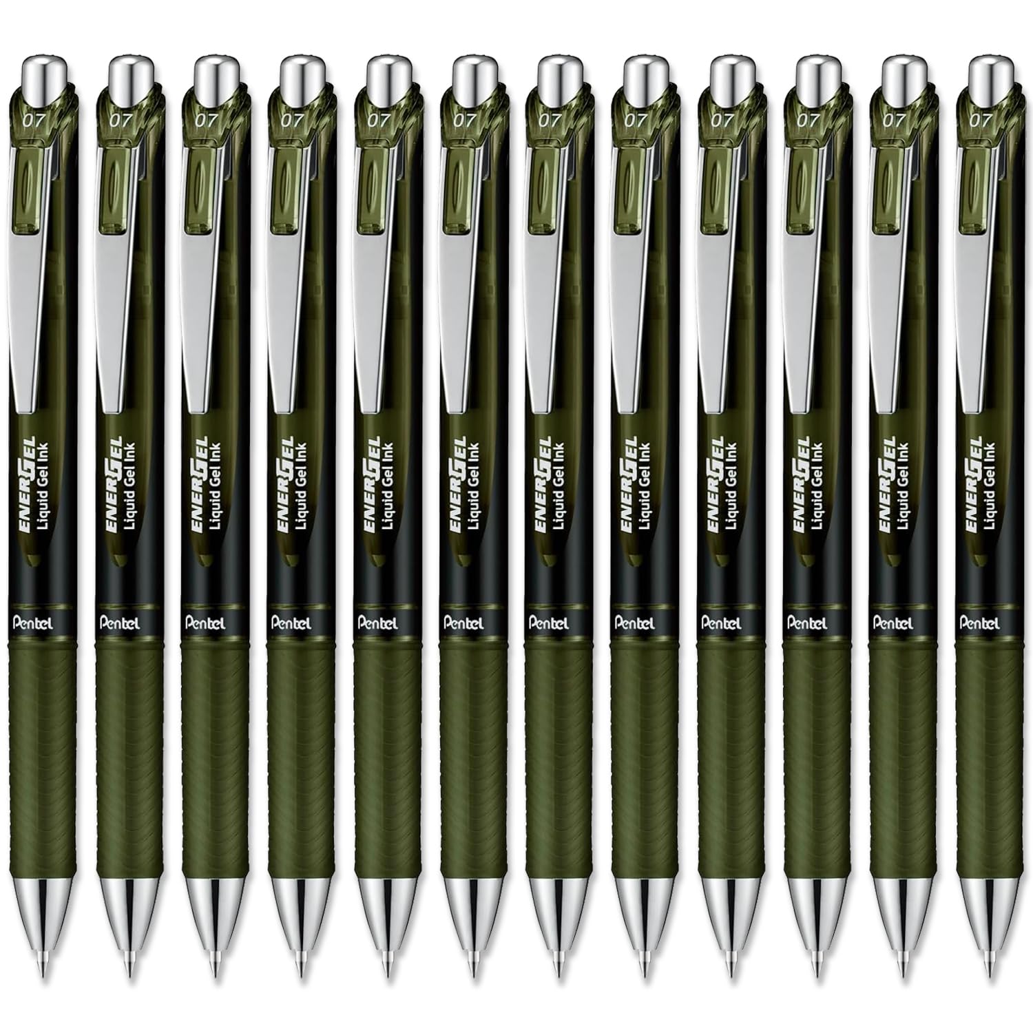 Pentel EnerGel XM Special Edition - BL77 A2-0.7mm Tip Nib - Retractable Liquid Gel Ink Rollerball Pen - 54% Recycled (Pack of 12, Olive Black)