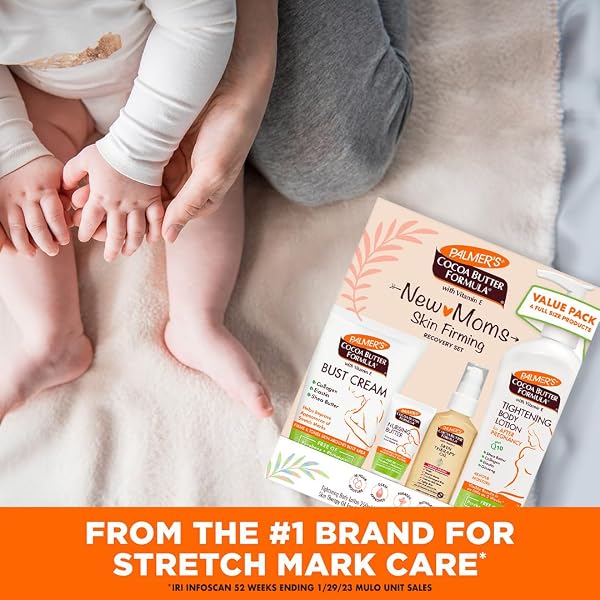 PALMER’S COCOA BUTTER FORMULA NEW MOMS SKIN RECOVERY POSTPARTUM ESSENTIALS, BODY LOTION (8.5 OZ) + NURSING BUTTER (1.1 OZ) + BUST CREAM (4.4 OZ) + SKIN THERAPY OIL (2 OZ), DERMATOLOGIST APPROVED