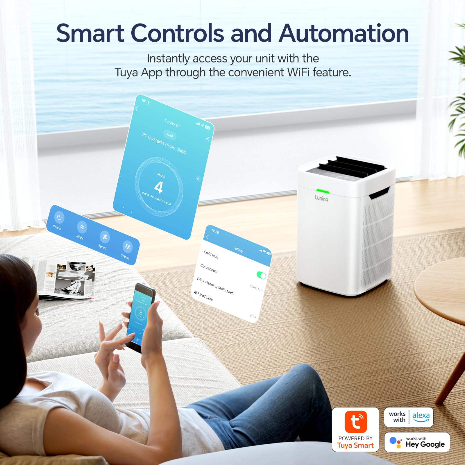 LUNINO Air Purifiers for Home Large Room Up to 2600 Ft², Double-Sided HEPA Air Purifier with Washable Pre-filter, Fan Mode, Smart WiFi, PM 2.5 Air Quality Monitor, for Pets Hair, Dust, Pollen, Smoke