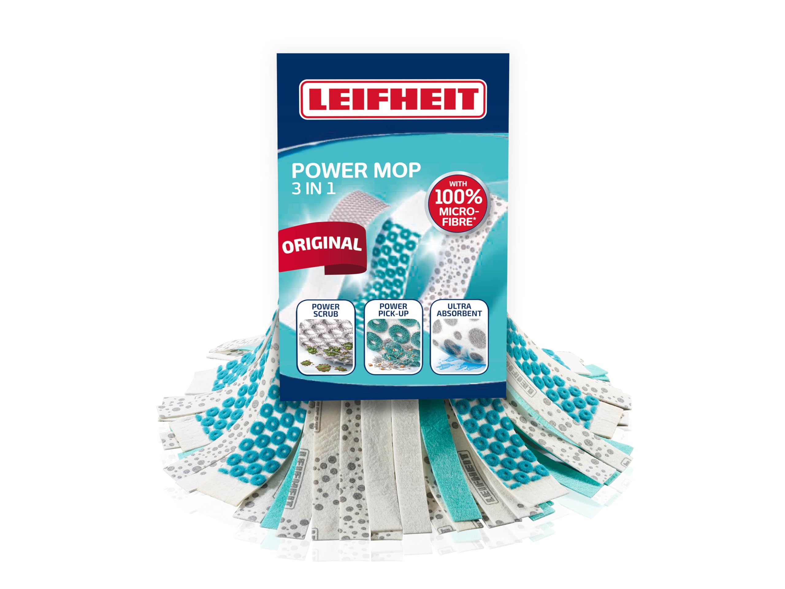 Leifheit Replacement Mop Head, Power Mop 3in1 Refill Mop Head Classic Mop, Ultra Absorbent Viscose and Micro Fibre, Scrubs and Picks-up Dust and Dirt, Turquoise, 8.5 x 8.5 x 31 cm