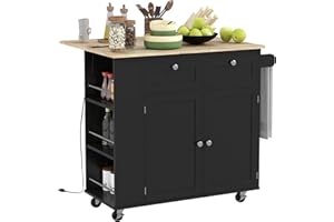 HOMCOM Kitchen Island with USB Ports & Power Outlets, Farmhouse Kitchen Cart with Wood Drop Leaf, Rolling Kitchen Island with