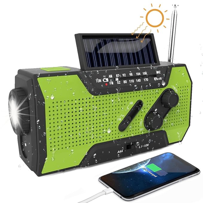 Solar Radio, Kurbelradio AM/FM Wiederaufladbare Dynamo Radio Wasserdicht LED Dynamo Lampe Powerbank für Wandern,Camping,Ourdo