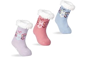 FENELY 3 Pairs Kids Boys Girls Slipper Socks Winter Sherpa Lined Fuzzy Warm Soft Non Skid