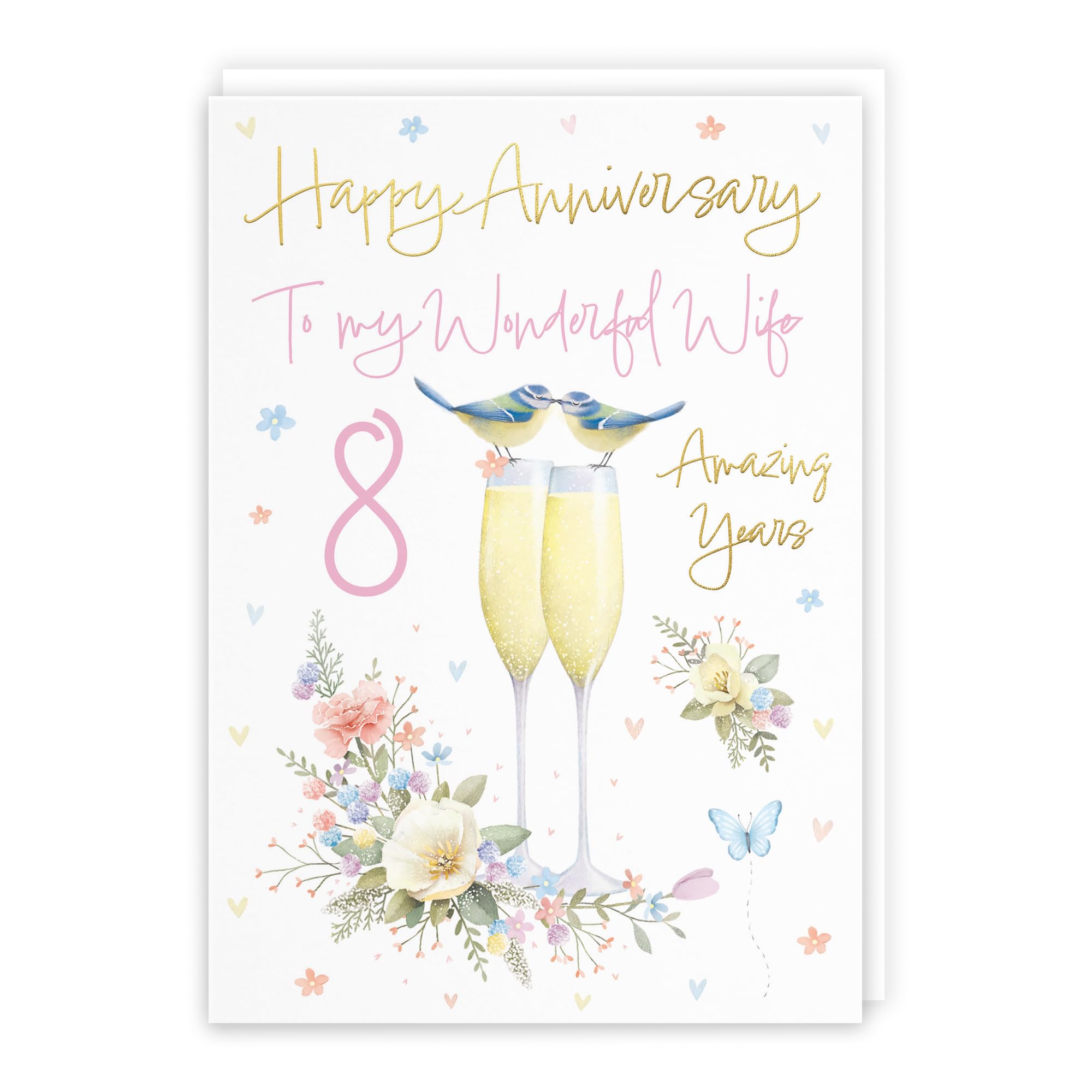 Hunts England - Wife 8th Anniversary Card - A5 Size - Champagne Flutes - Gold Foil - Luxury 8th Anniversary Card For Wife - Eight Years - 8th Anniversary - Milo's Gallery