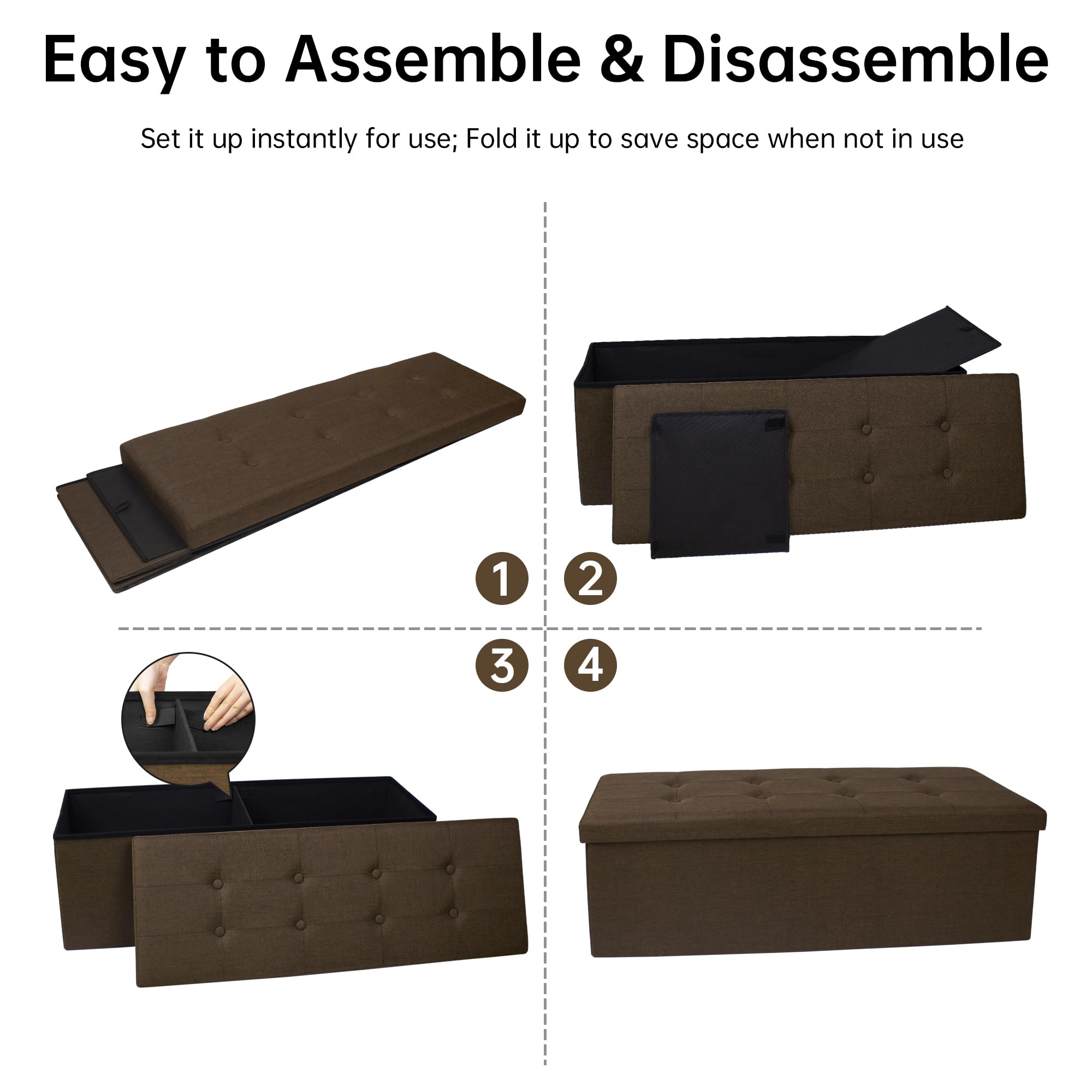 GLAXYFUR 43 Inches Folding Storage Ottoman Bench, Storage Chest, Footrest for Entryway, Living Room, Holds up to 660 lb, Brown - Image 4