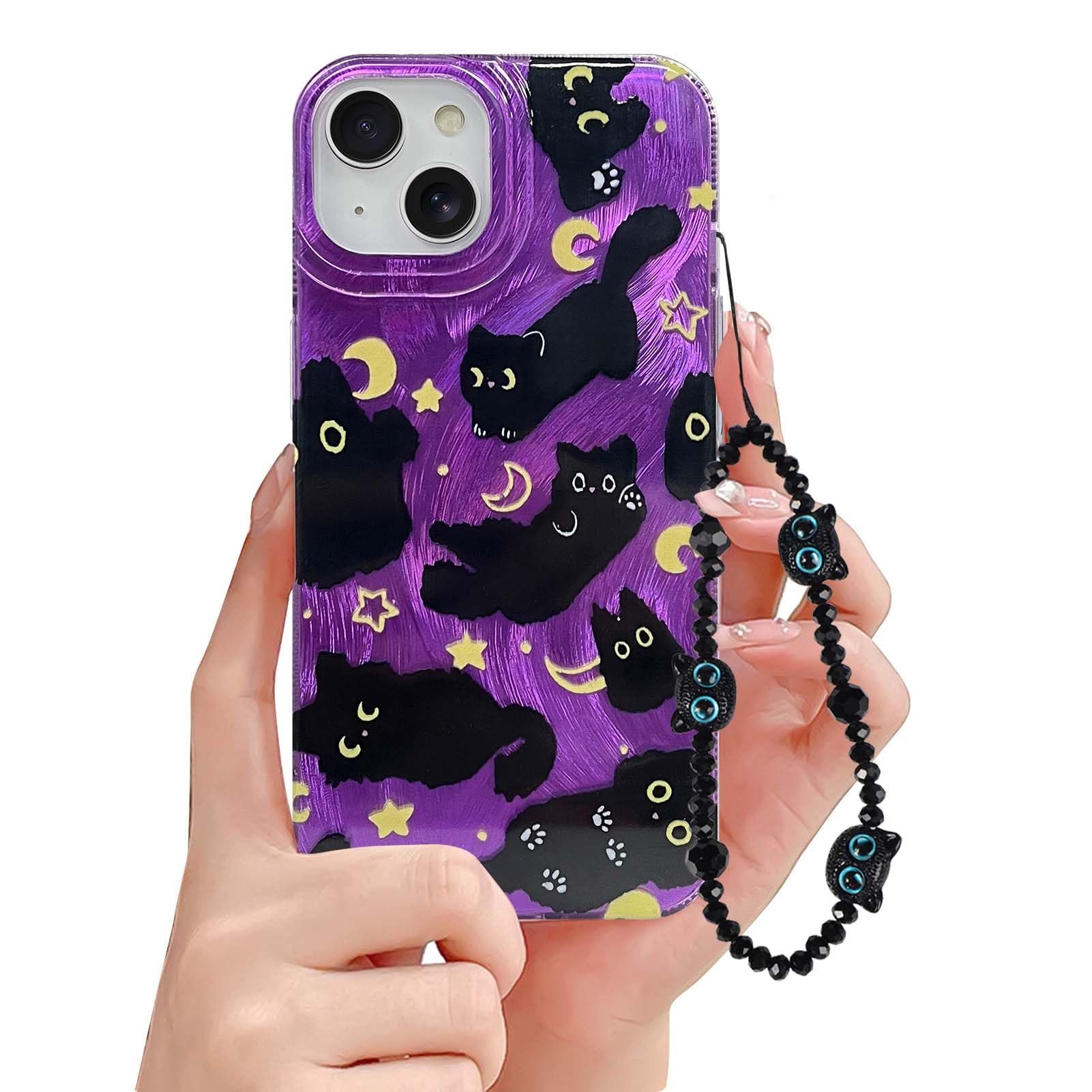 Photo 1 of Fycyko Phone Case for iPhone 15 Case Cute Cat Pattern Aesthetic Cool Girly with Phone Charms Strap Chain Protective Case for iPhone 15-Purple