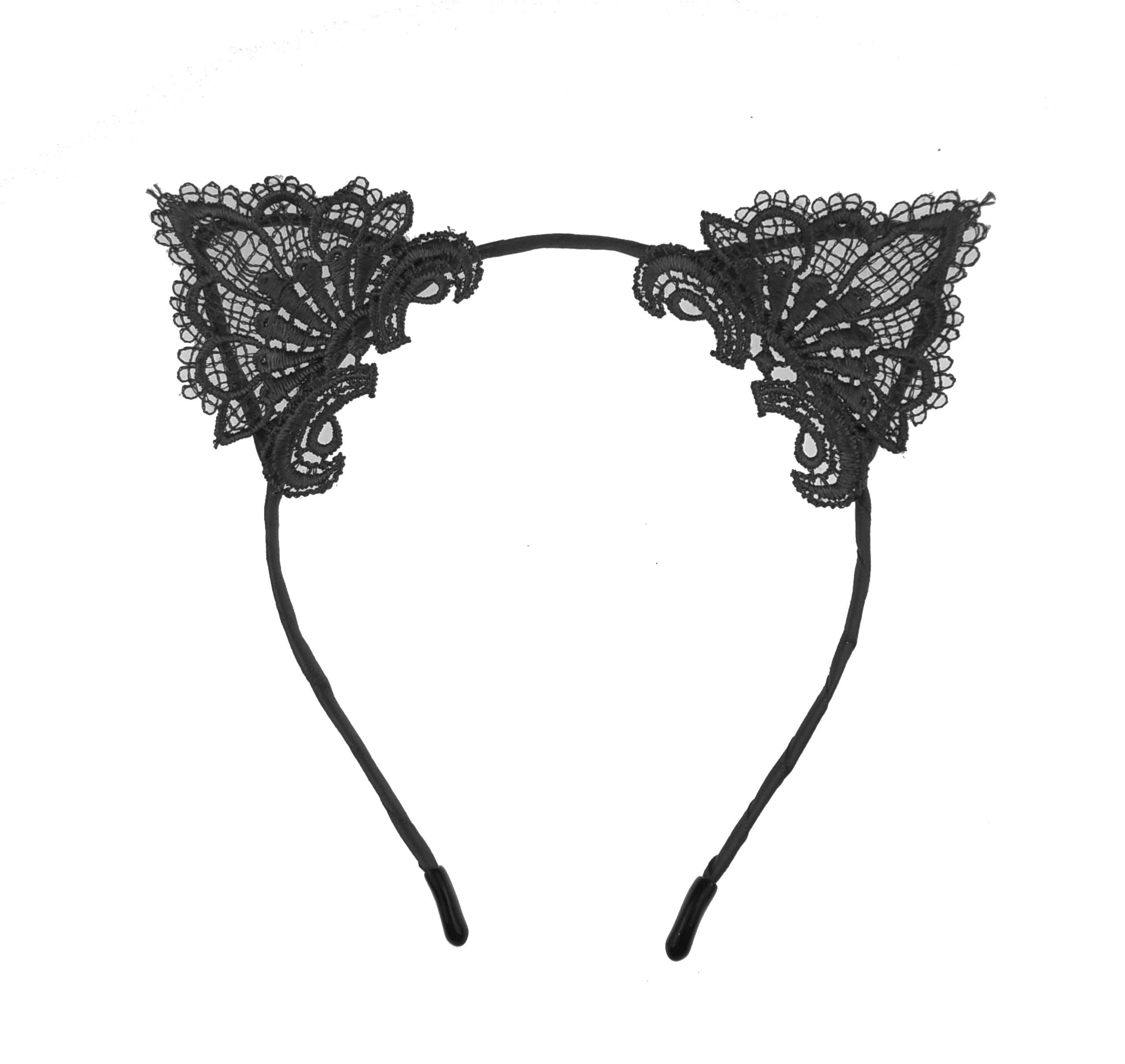 Womens Fancy Dress Up Party Role Play Cosplay Costume Christmas Hen Do Halloween Deeley Bopper Headband Hairband Hair Alice Band Fabric Lace Cat Kitten Ears Black