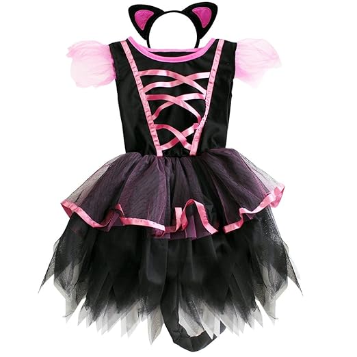 YiZYiF Kinder Mädchen Katze Kostüm Cosplay Halloween Kostüm Karneval Fasching Partykleid Verkleidung mit Orhen (110-116, Schw