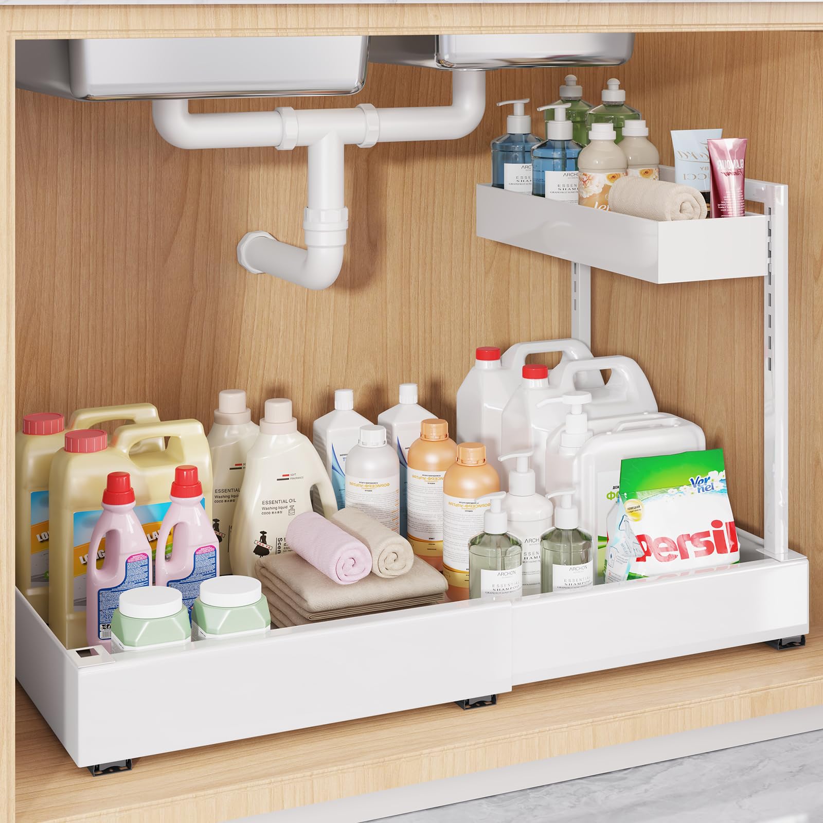 Photo 1 of 1-Pack L-Shape Expandable Under Sink Organizer with 3 Ball-Bearing Slide Rails,2-Tier Pull-Out Under Cabinet Storage Shelf for Kitchen & Bathroom,Height-Adjustable Slide-Out Cabinet Drawer-White