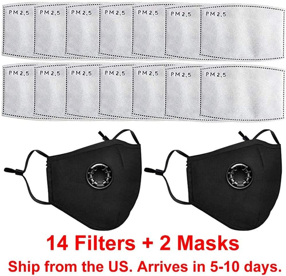 14 Pcs PM2.5 Activated Carbon Filter for Breathing Insert Protective mask Anti Pollution Washable Cotton for Women Men Outdoor Sports Cycling Camping Travel (2 Masks（Black)+14Filters)