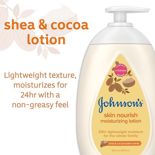 JOHNSON’S SKIN NOURISH MOISTURIZING BABY LOTION FOR DRY SKIN WITH SHEA & COCOA BUTTER SCENTS, GENTLE & LIGHTWEIGHT BODY LOTION FOR THE WHOLE FAMILY, HYPOALLERGENIC, DYE-FREE, 16.9 FL. OZ