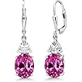 Gem Stone King 925 Sterling Silver Pink Created Sapphire and White Zirconia Dangle Earrings For Women (6.50 Cttw, Gemstone September Birthstone, Oval 10X8MM, Trillion 5MM)
