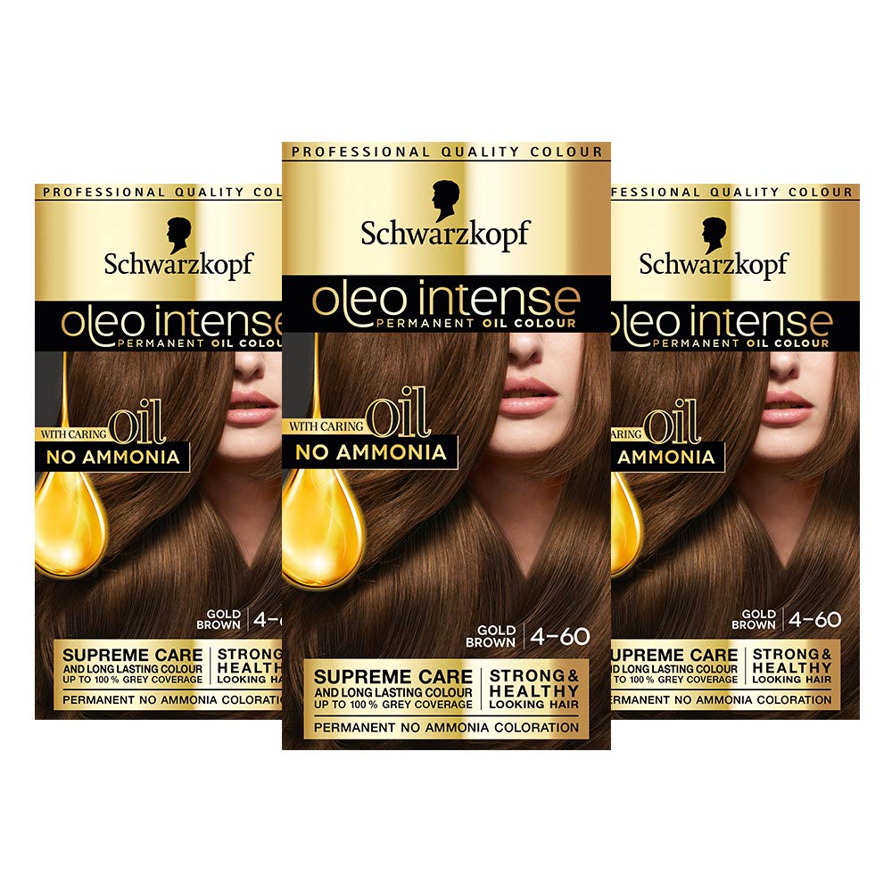 Schwarzkopf Oleo Intense Brown Hair Dye, 3-Pack Permanent Oil Colour, No Ammonia, Covers Greys, Gold Brown 4-60 — image 1