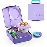 Omie OmieBox Insulated Bento Lunch Box with Leak Proof Thermos Food Jar-3 Compartments, Two Temperature Zones, One Size, (Pur
