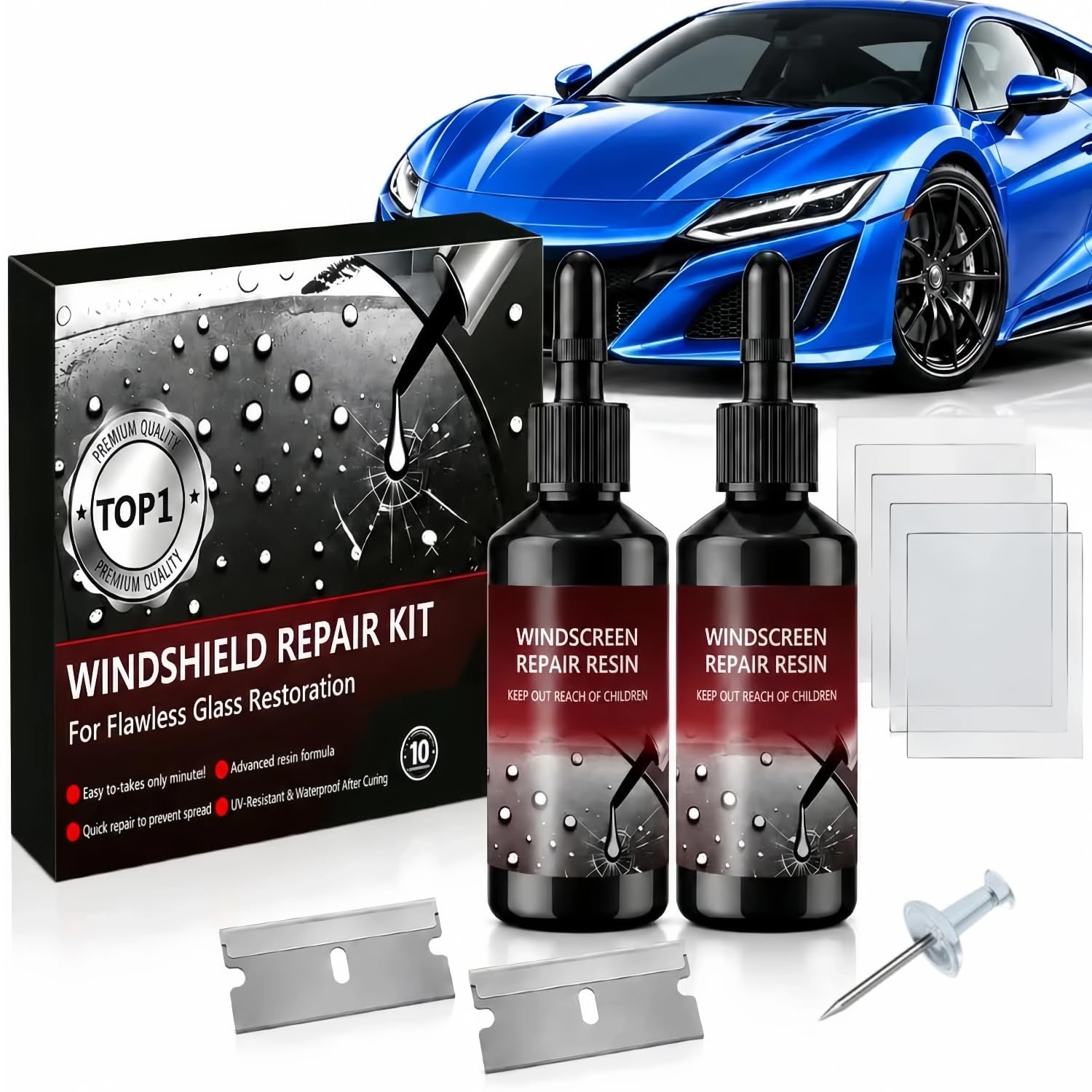 JOPHY 2 Pack Windshield Repair Kit, 40ML Windshield Crack Repair Resin for Chips, Star, 5-Minute Quick Fix for Rock Chips, Bu