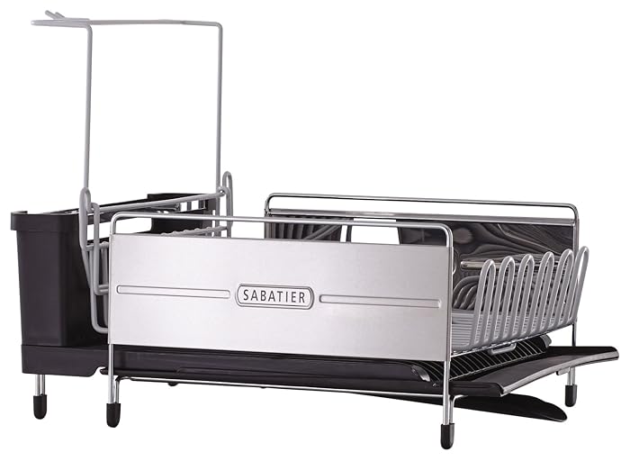 Sabatier 5199813 Expandable Stainless Steel Dish Rack with Rust-Resistant Soft Coated Wires and Bi-Directional Spout, Silver/Gray