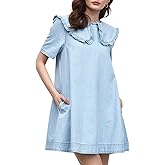 Kedera Womens Denim Mini Dress 2025 Peter Pan Collar Short Sleeve Casual Summer Babydoll Jean Dress with Pockets