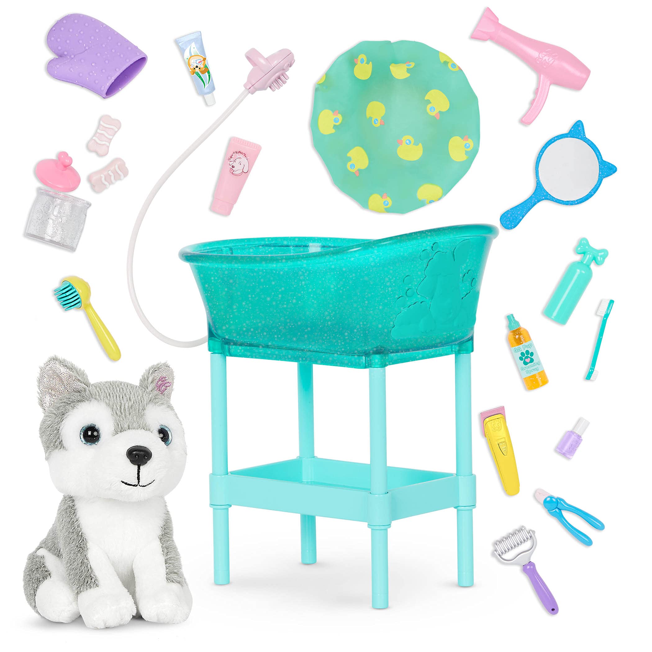Glitter Girls – 14-Inch Doll Accessories – Pet Grooming & Pup Set – Dog – Plush Husky Stuffed Animal – Bathtub, Hair Dryer & Shower Cap – 3+ Years– Children’s Toys