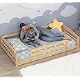 Twin Floor Bed with Safety Guardrails for Kids, Montessori Inspired with Rails and 2 Openings, Twin Size Bed Frame for Girls and Boys - Varnished