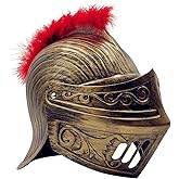 LOOYAR Medieval Knight Soldier Warrior Costume Helmet Hat Sallet with Red Plume and Folding Face Mask for Battle Play Halloween Cosplay LARP