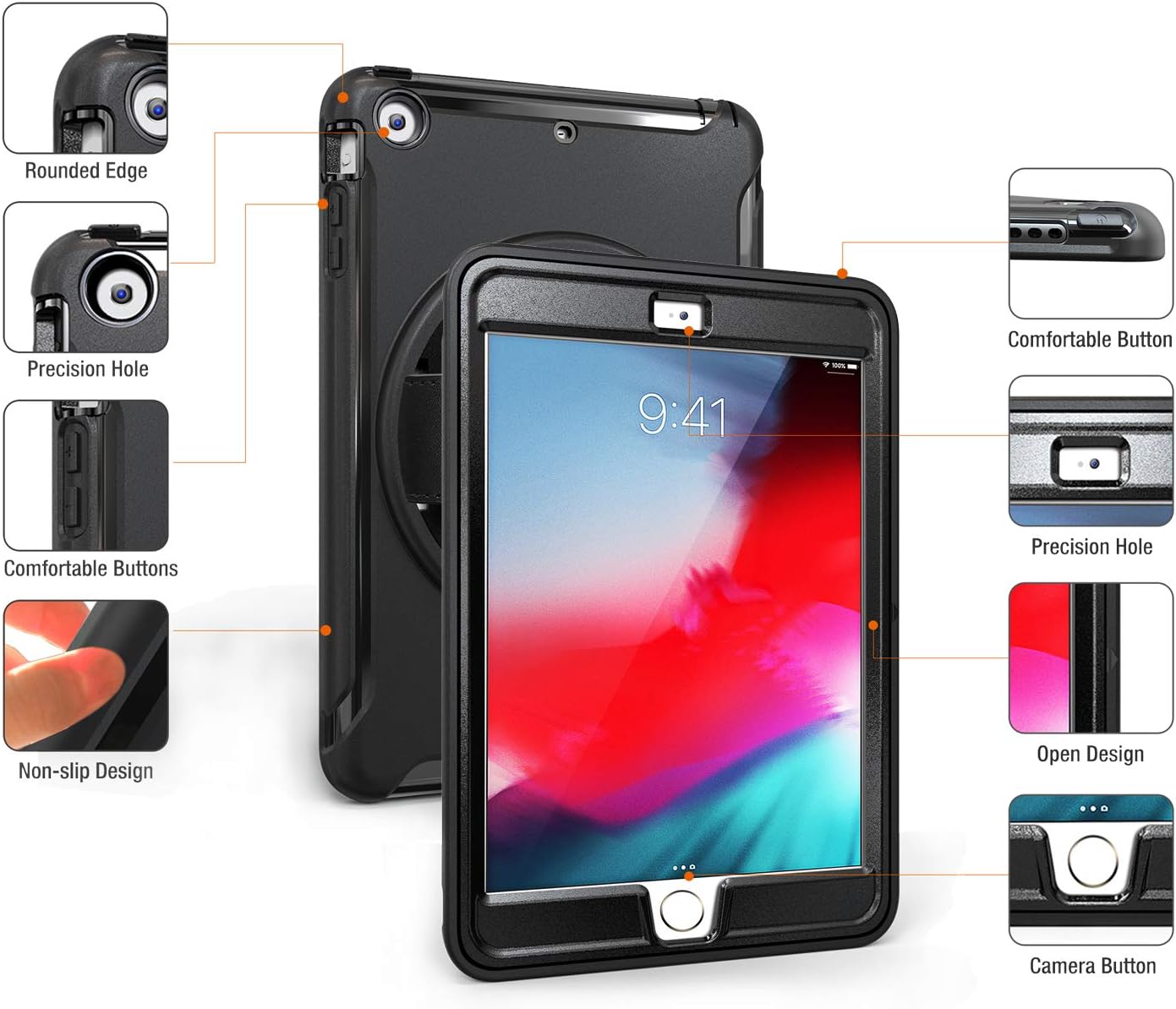 MadeRy Kids Case for iPad Mini 3 / Mini 2 / Mini 7.9 inch, Full-body Shockproof Stand Case Cover with Rotatable Hand Strap. (Black) - Image 5
