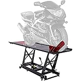Black Widow Motorcycle Lift Table, Hydraulic, 1,000 lb, 32" H | Foot pedal operation, wheel clamp, drop-out panel, dolly wheels, powder-coated steel