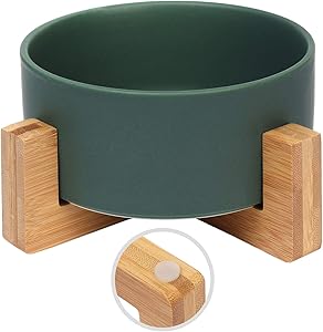 Olsa Ceramic Cat Dog Bowl with Anti-Slip Bamboo Stand, Round Dog Food Bowl, Elevated Cat Dog Bowls, Large Capacity Pet Bowl, Dog Food and Water Bowl for Dogs Cats, Easy to Clean, Holds 30 Ounces